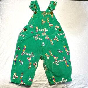 Vintage McKids McDonald’s Toddler Overalls! Block Sports Print Green Denim Sears